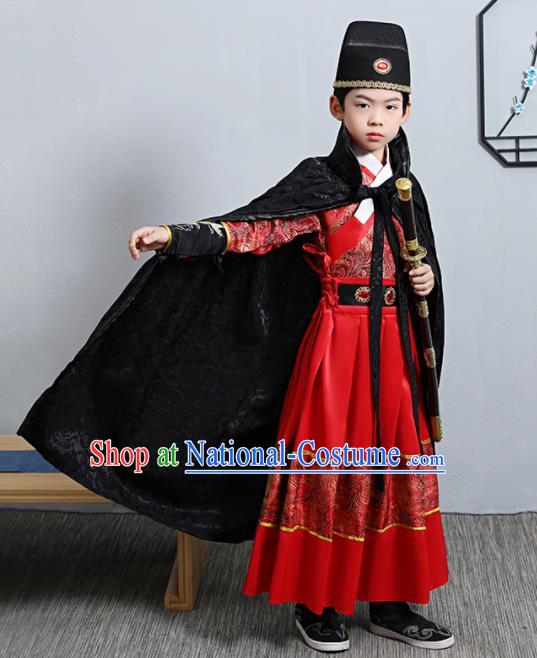 China Ming Dynasty Boys Imperial Guards Clothing Ancient Swordsman Garment Costume Traditional Children Red Feiyu Robe