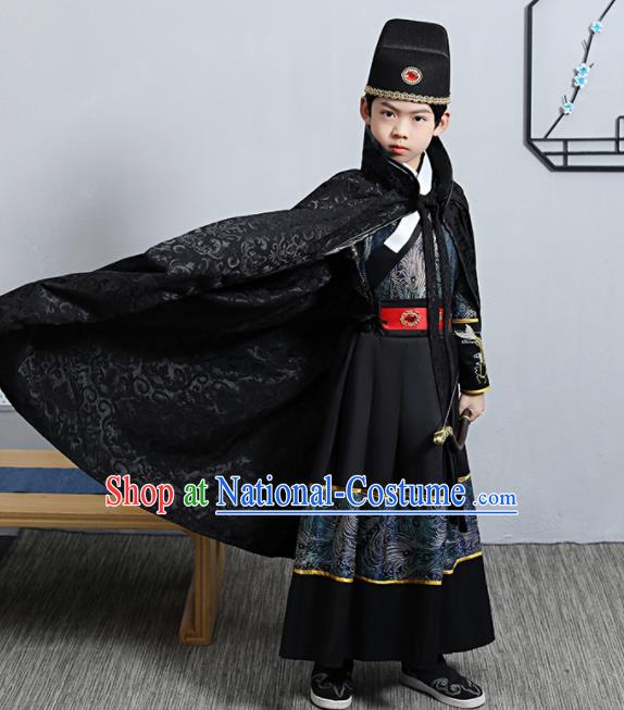 China Traditional Children Black Feiyu Robe Ming Dynasty Boys Imperial Guards Clothing Ancient Swordsman Garment Costume