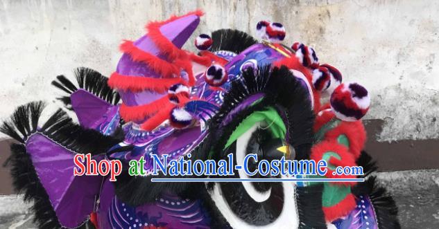 China Lion Dancing Fur Costumes Southern Lion Performance Uniforms Lion Dance Competition Purple Lion Head