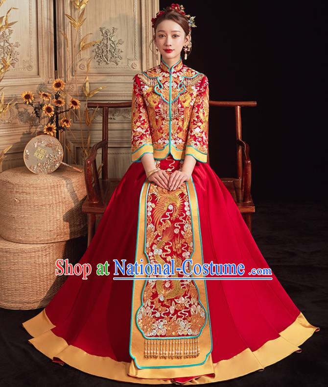 China Traditional Wedding Garment Costumes Classical Xiuhe Suits Embroidered Bride Red Dress Toast Clothing