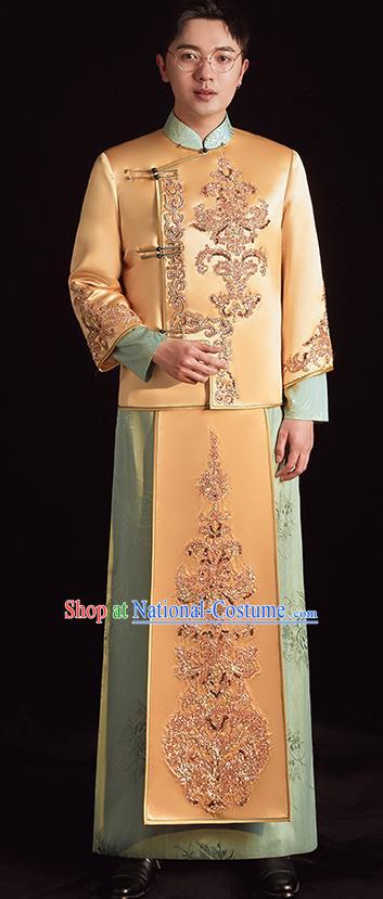 Chinese Ancient Bridegroom Clothing Traditional Wedding Male Uniforms Embroidered Yellow Mandarin Jacket and Long Robe