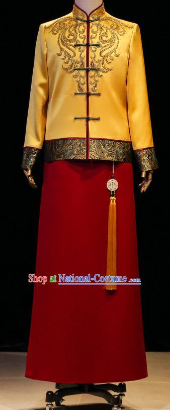 Chinese Tang Suit Embroidered Yellow Mandarin Jacket and Red Long Robe Ancient Bridegroom Clothing Traditional Wedding Male Uniforms