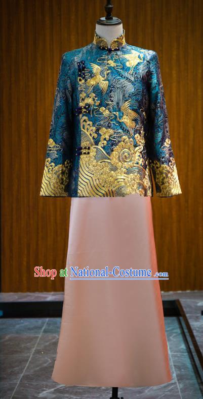 Chinese Traditional Wedding Male Uniforms Tang Suit Embroidered Blue Mandarin Jacket and Pink Long Robe Ancient Bridegroom Clothing