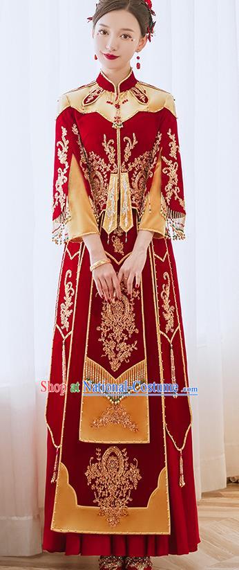 China Traditional Wedding Garment Costumes Classical Red Xiuhe Suits Embroidered Dress Bride Toast Clothing