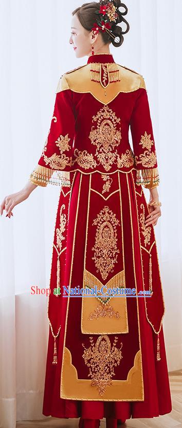 China Traditional Wedding Garment Costumes Classical Red Xiuhe Suits Embroidered Dress Bride Toast Clothing