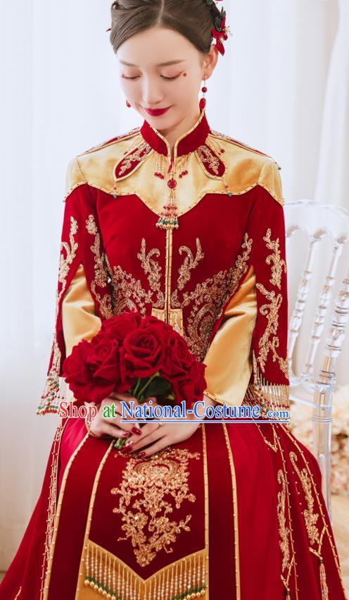 China Traditional Wedding Garment Costumes Classical Red Xiuhe Suits Embroidered Dress Bride Toast Clothing