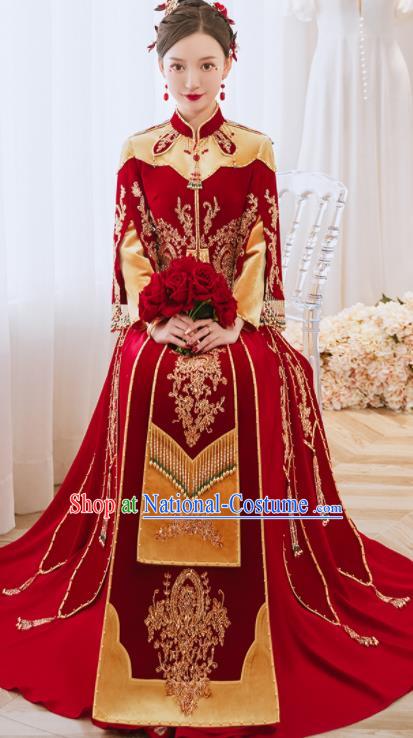 China Traditional Wedding Garment Costumes Classical Red Xiuhe Suits Embroidered Dress Bride Toast Clothing