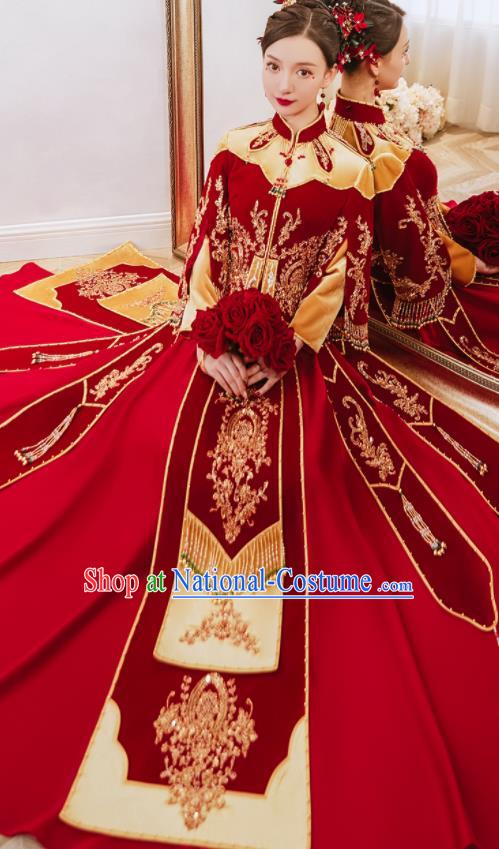 China Traditional Wedding Garment Costumes Classical Red Xiuhe Suits Embroidered Dress Bride Toast Clothing