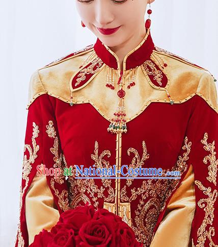 China Traditional Wedding Garment Costumes Classical Red Xiuhe Suits Embroidered Dress Bride Toast Clothing