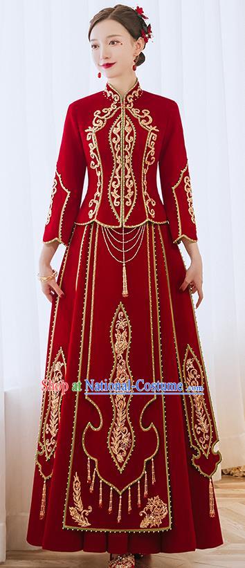 China Bride Toast Clothing Traditional Wedding Garment Costumes Classical Red Xiuhe Suits Embroidered Diamante Dress