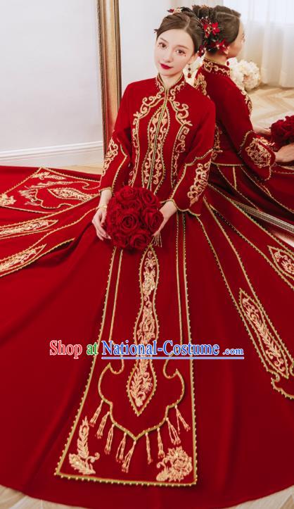 China Bride Toast Clothing Traditional Wedding Garment Costumes Classical Red Xiuhe Suits Embroidered Diamante Dress