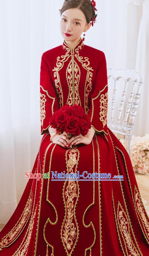 China Bride Toast Clothing Traditional Wedding Garment Costumes Classical Red Xiuhe Suits Embroidered Diamante Dress