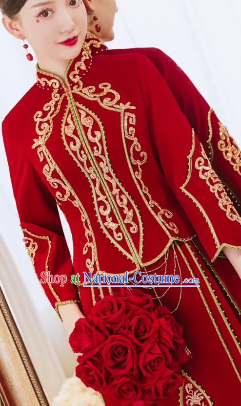 China Bride Toast Clothing Traditional Wedding Garment Costumes Classical Red Xiuhe Suits Embroidered Diamante Dress