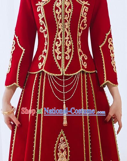 China Bride Toast Clothing Traditional Wedding Garment Costumes Classical Red Xiuhe Suits Embroidered Diamante Dress