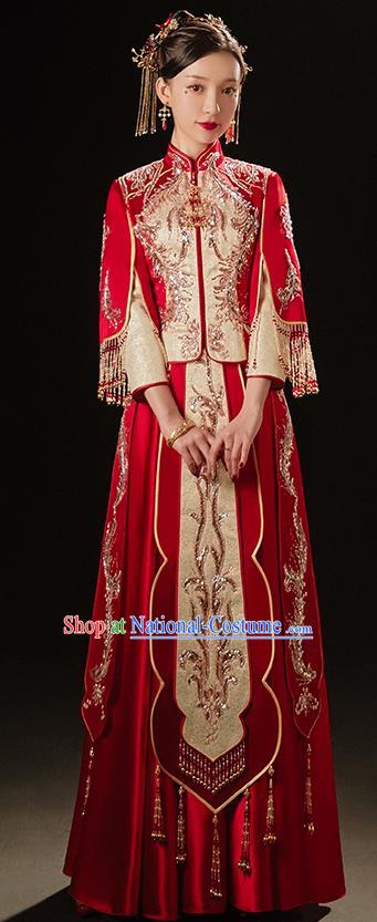 China Embroidered Diamante Dress Bride Toast Clothing Traditional Wedding Garment Costumes Classical Red Xiuhe Suits