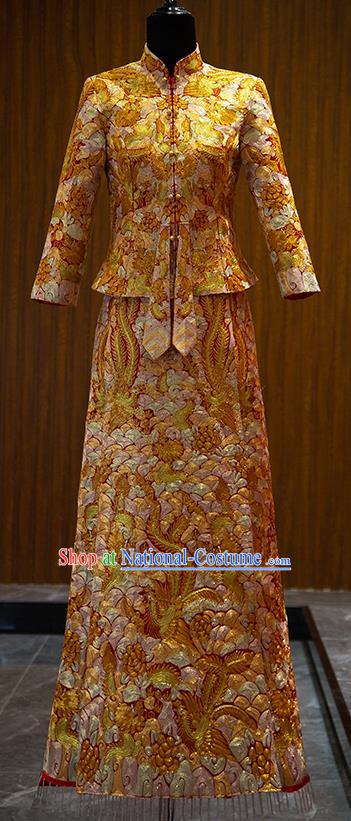 China Classical Golden Xiuhe Suits Embroidered Phoenix Dress Bride Toast Clothing Traditional Wedding Garment Costumes