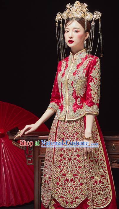 China Traditional Wedding Red Garment Costumes Classical Xiuhe Suits Embroidered Diamante Dress Bride Toast Clothing