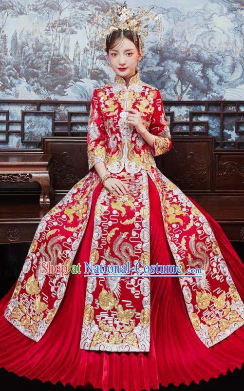 China Bride Toast Clothing Traditional Wedding Red Garment Costumes Classical Xiuhe Suits Embroidered Phoenix Dress