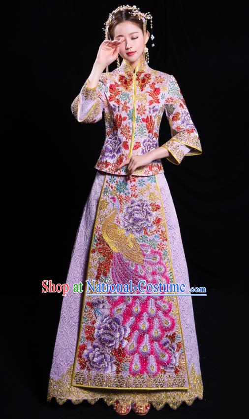 China Embroidered Peacock Dress Bride Toast Clothing Traditional Wedding Garment Costumes Classical Purple Xiuhe Suits