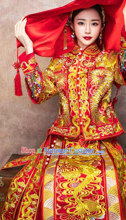 China Classical Red Xiuhe Suits Embroidered Dragon Phoenix Dress Bride Toast Clothing Traditional Wedding Garment Costumes