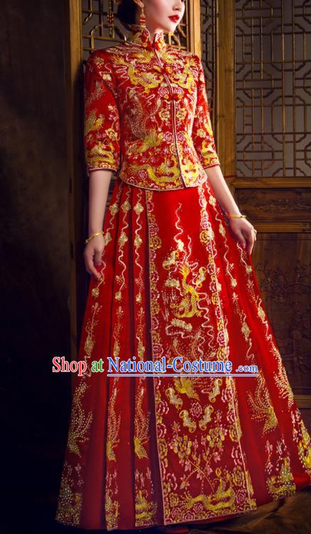 China Traditional Wedding Garment Costumes Classical Red Xiuhe Suits Embroidered Dragon Phoenix Dress Bride Toast Clothing