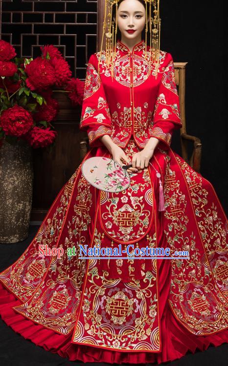 China Bride Embroidered Dress Traditional Toast Clothing Classical Wedding Garment Costumes Red Xiuhe Suits