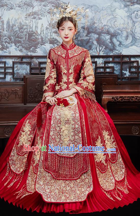 China Dark Red Xiuhe Suits Bride Embroidered Dress Traditional Toast Clothing Classical Wedding Garment Costumes