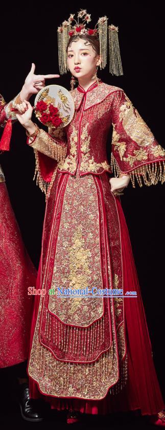 China Dark Red Xiuhe Suits Bride Embroidered Dress Traditional Toast Clothing Classical Wedding Garment Costumes