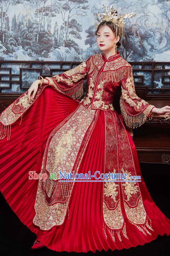 China Dark Red Xiuhe Suits Bride Embroidered Dress Traditional Toast Clothing Classical Wedding Garment Costumes