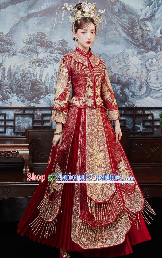 China Dark Red Xiuhe Suits Bride Embroidered Dress Traditional Toast Clothing Classical Wedding Garment Costumes