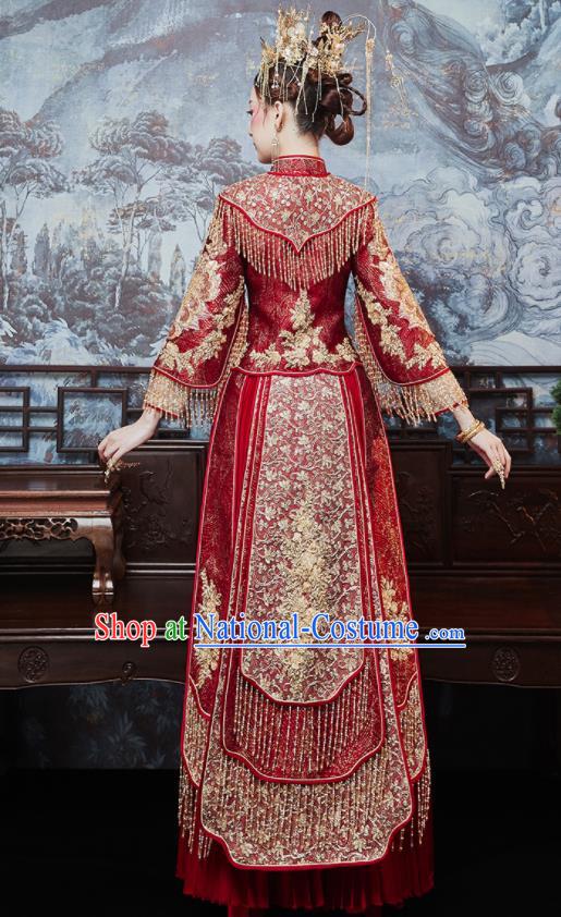 China Dark Red Xiuhe Suits Bride Embroidered Dress Traditional Toast Clothing Classical Wedding Garment Costumes