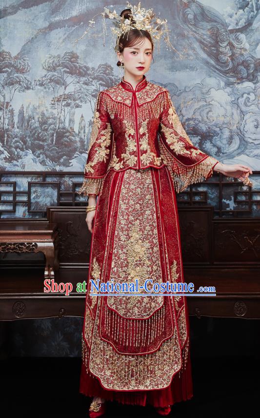 China Dark Red Xiuhe Suits Bride Embroidered Dress Traditional Toast Clothing Classical Wedding Garment Costumes