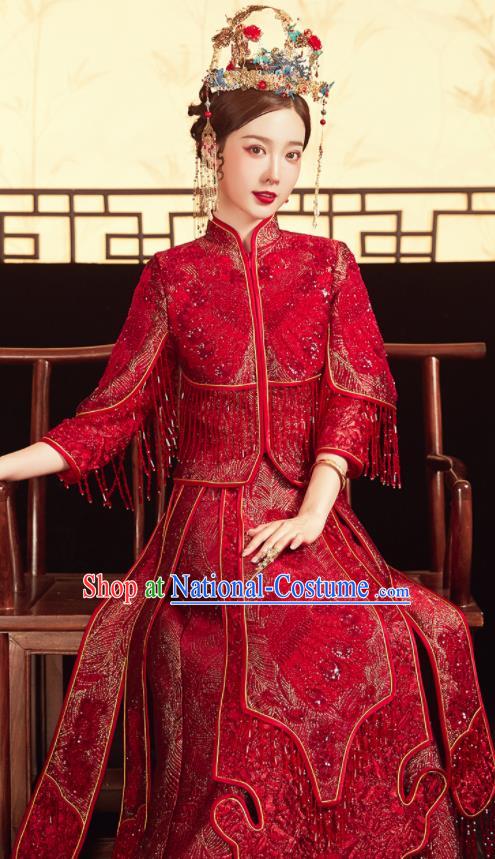 China Traditional Toast Clothing Classical Wedding Garment Costumes Red Xiuhe Suits Bride Embroidered Dress