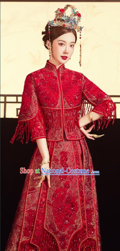 China Traditional Toast Clothing Classical Wedding Garment Costumes Red Xiuhe Suits Bride Embroidered Dress