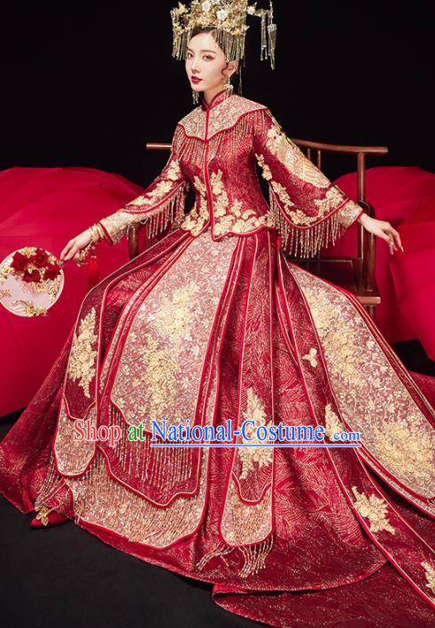 China Bride Embroidered Trailing Dress Traditional Toast Clothing Classical Wedding Garment Costumes Red Xiuhe Suits