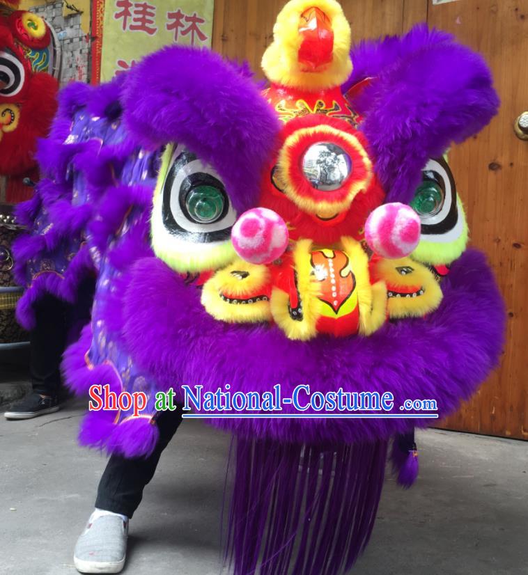 China South Lion Dance Uniforms Spring Festival Lion Dancing Performance Costumes Handmade Adults Purple Fur Lion Head