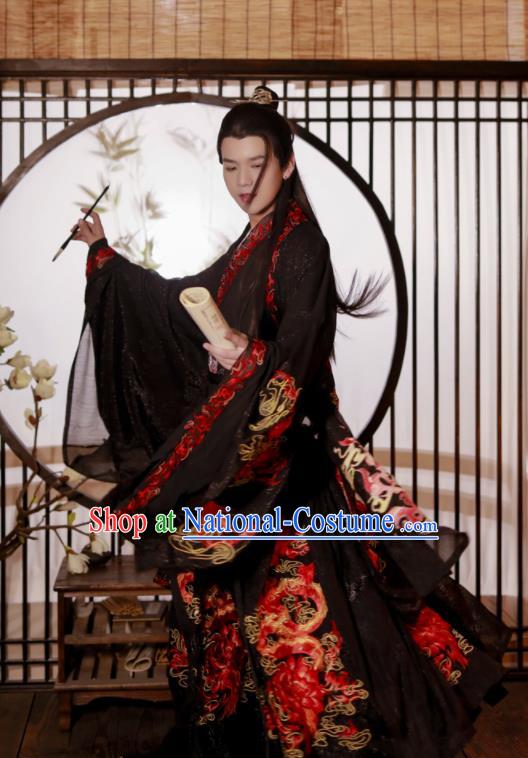 China Traditional Jin Dynasty Noble Prince Historical Clothing Ancient Scholar Embroidered Black Hanfu Garment Costumes for Men