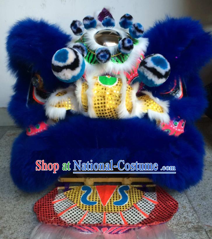 China Handmade Royalblue Fur Lion Head Southern Lion Dance Competition Costumes Spring Festival Lion Dancing Performance Uniforms