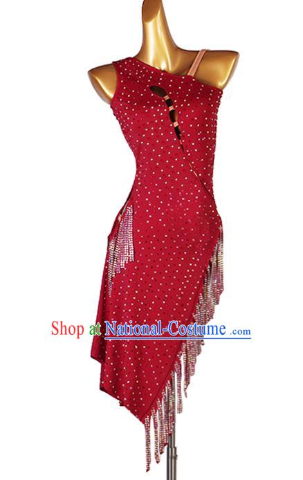 Professional Ballroom Dancing Fashion Rumba Dance Competition Costume Women Cha Cha Clothing Latin Dance Wine Red Tassel Dress