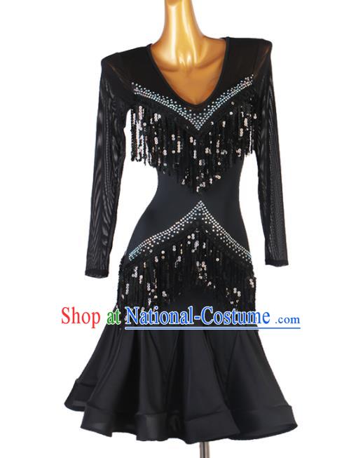 Professional Latin Dance Competition Costume Women Cha Cha Clothing Rumba Dance Black Tassel Dress Ballroom Dancing Fashion