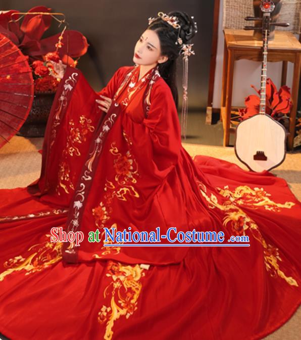 China Traditional Wedding Hanfu Garments Ancient Princess Embroidered Red Dress Jin Dynasty Bride Historical Clothing Complete Set