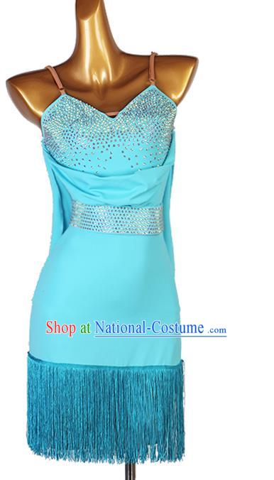 Professional Latin Dance Competition Costume Rumba Dancing Clothing Jitterbug Dance Blue Tassel Dress Women Cha Cha Fashion