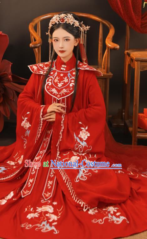 China Ming Dynasty Princess Historical Clothing Traditional Wedding Hanfu Garments Ancient Bride Embroidered Red Dress