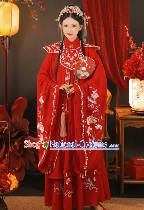 China Ming Dynasty Princess Historical Clothing Traditional Wedding Hanfu Garments Ancient Bride Embroidered Red Dress