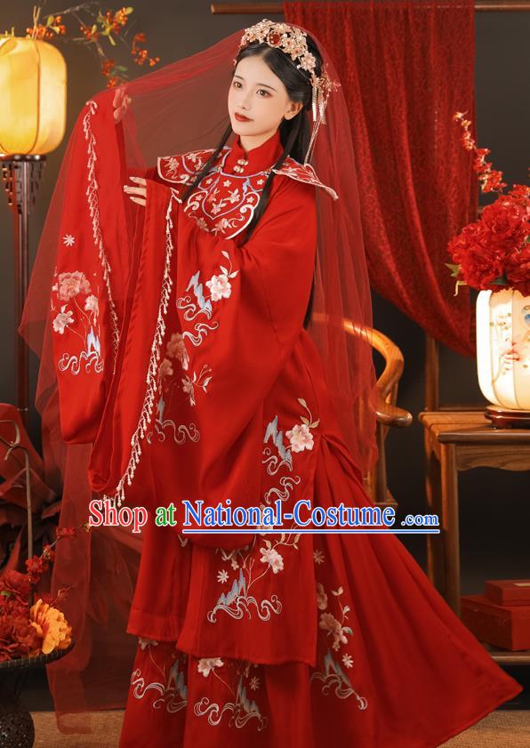 China Ming Dynasty Princess Historical Clothing Traditional Wedding Hanfu Garments Ancient Bride Embroidered Red Dress