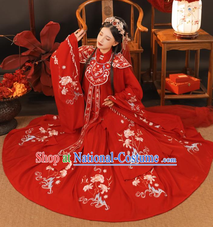 China Ming Dynasty Princess Historical Clothing Traditional Wedding Hanfu Garments Ancient Bride Embroidered Red Dress