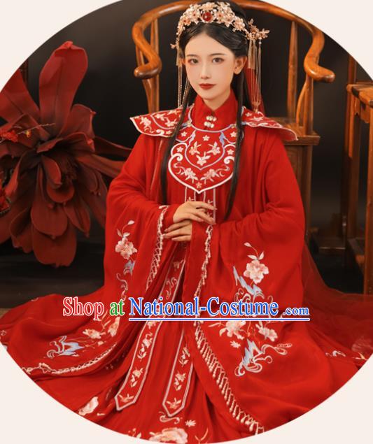 China Ming Dynasty Princess Historical Clothing Traditional Wedding Hanfu Garments Ancient Bride Embroidered Red Dress