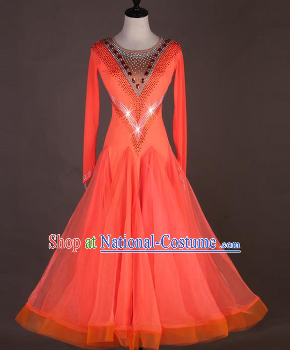 Professional Waltz Dance Competition Costume International Dancing Clothing Modern Dance Fashion Women Ballroom Dance Orange Dress