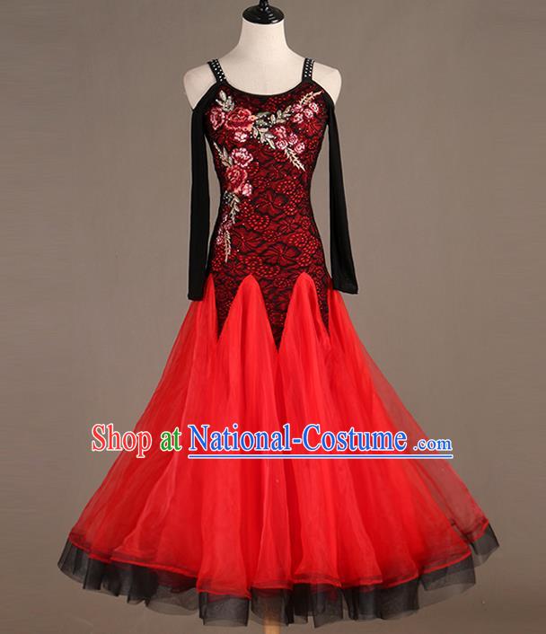 Professional Women Ballroom Dance Red Lace Dress Waltz Dance Competition Costume International Dancing Clothing Modern Dance Fashion