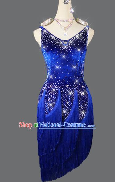 Professional Modern Dance Costume Women Group Dancing Clothing Cha Cha Fashion Latin Dance Competition Royalblue Tassel Dress